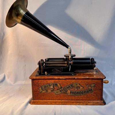 Antique 1905 Edison Home Phonograph w/ Large Morning Glory Horn 