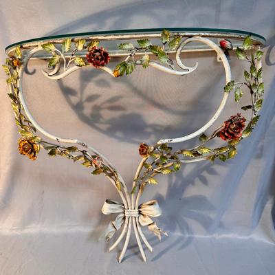 Vintage Italian Tole Wall Shelf with Glass Top 
