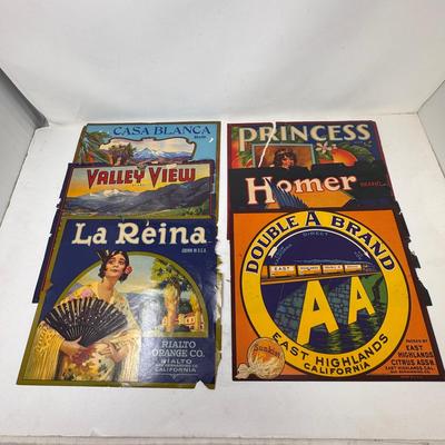 Lot of 6 Vintage California Fruit Crate Labels