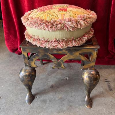 Antique Brass Foot Stool with Needlepoint Cushion