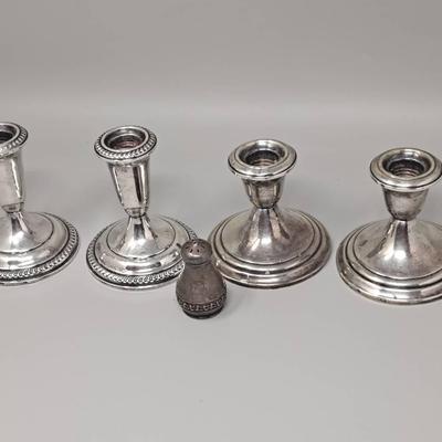Sterling Silver:  Antique Salt Shaker And Weighted Candle Holders