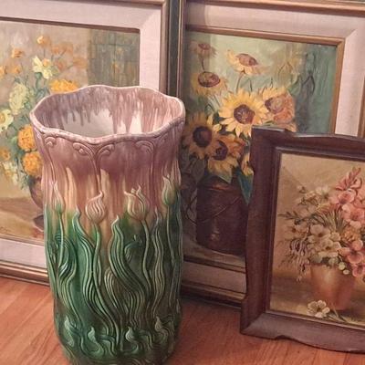 (2) Original Signed Oil Paintings By Pauline Hiler, (1) Painting By Greenleaf, and a Ceramic Stand  
