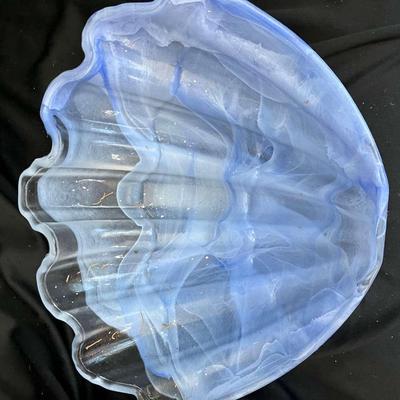 (S225) Murano Italy Blown Glass Blue White Luminescent Edge Bowl