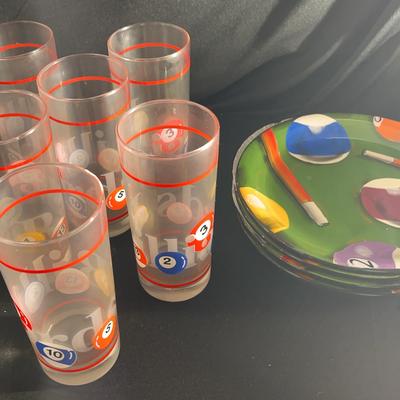 (S165) Clay Art Rack ‘Em Up Set 4Plates/ 6 Billiard Glasses 
