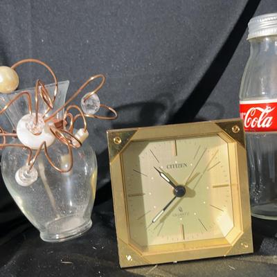 (S214) Vintage Decorative glass vase/vintage Coca-cola Bottle/Vintage Citizen Quartz Brass Alarm Clo