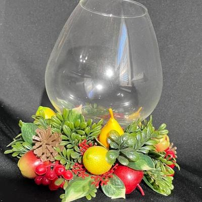 (S227) Vintage Fruit Table Centerpiece With Glass Candle Holder 