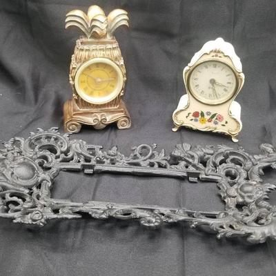 (MDR3043) Vintage Clocks And Cast Iron Thermometer Frame