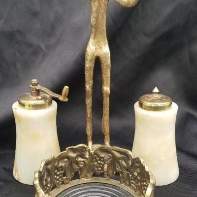 (MDR00060) Brass Violinist, Candle Holder, And Marble And Brass S&P Shakers