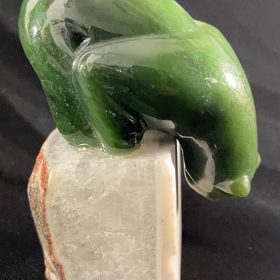 (S181) Hand-Carved Jade Polar Bear On Marble