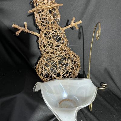 (S231) Vintage Murano Art Glass Dish White/ Tall Wired Snowman