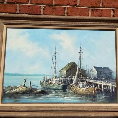 (MDR3003) Signed* Large Oil On Canvas Painting Of Dock