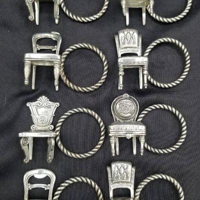 (MDR00064) Set Of 8 Vintage Pewter Napkin Rings Featuring Vintage Chairs