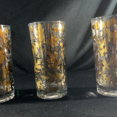 (S155) Set of3 MCM Highball Glass Glasses 22 K Gold Oak Leaves & Acorns Gold in EUC