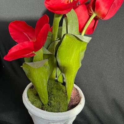 (S228) Artificial Silk Red Amaryllis Floral Arrangement In Ceramic Pot