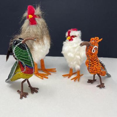 Natural Feather Roosters & Wire Beaded Birds
