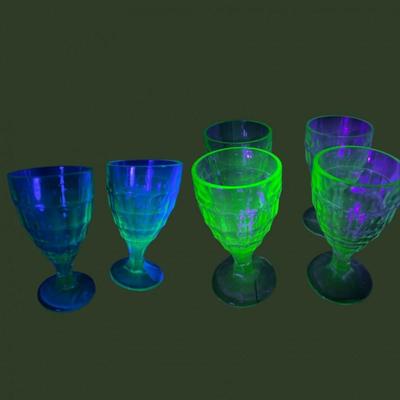 Six Hazel Atlas Colonial Block Optic Uranium Glasses