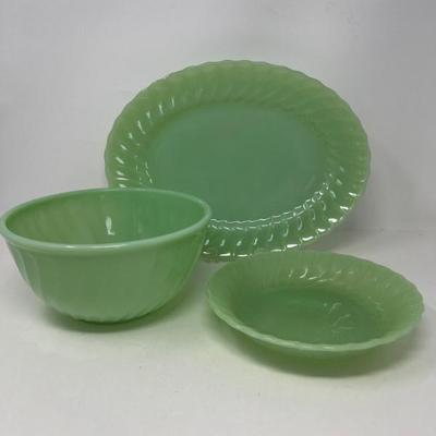Three Jade-ite Shell Swirl Anchor Hocking Serving Dishes