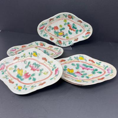 Four Antique Footed Porcelain Famile Rose Chinese Dishes