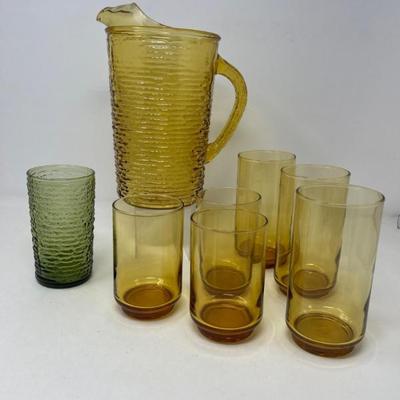 Gold Soreno Pitcher & Avocado Glass with 1960s Amber Tumblers Set