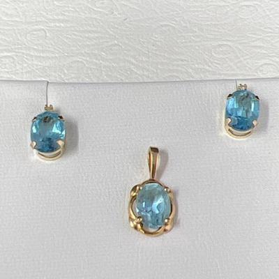 Plumb 14k Gold Blue Topaz Pendant with 10k Gold Earrings