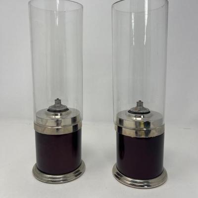 Pair Mid Century Oil Lamps with Glass Hurricanes
