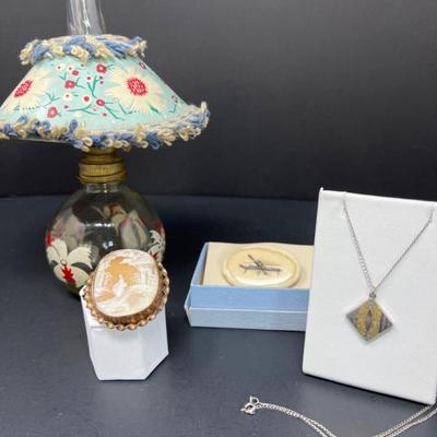 Brooches and Vintage Perfume Lamp - Cameo, Bone, Silver