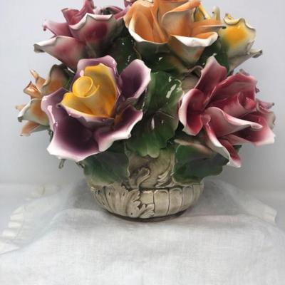 Extra Large Nove Capodimonte Ceramic Hand Painted Floral Centerpiece