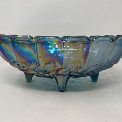 Indiana Grape & Cable Blue Iridescent Carnival Glass Footed Fruit Bowl