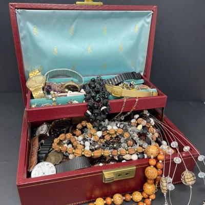 Vintage Jewelry Case Filled with Jewelry & Watches