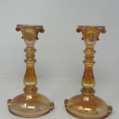 Vintage Marigold Lustre Carnival Glass Candle Holders