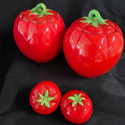 1940s Pantry Parade Tomato Cookie Jars With Salt And Pepper Shakers