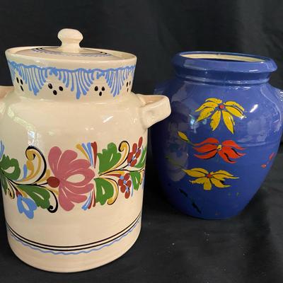 Signed Hungarian Crock Ceramic Cookie Jar And USA Made Blue Jar