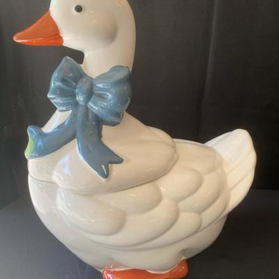 Vintage 1980s White Duck With Blue Bow Cookie Jar 