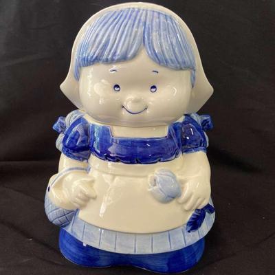 Delft Blue Dutch Girl With Tulip Cookie Jar