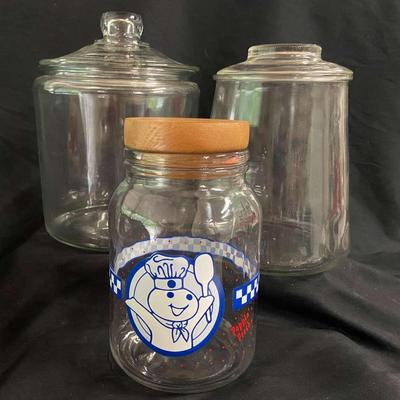 Pillsbury Dough Boy Glass Cookie Jar With Wood Top And Two Larger Glass Jars