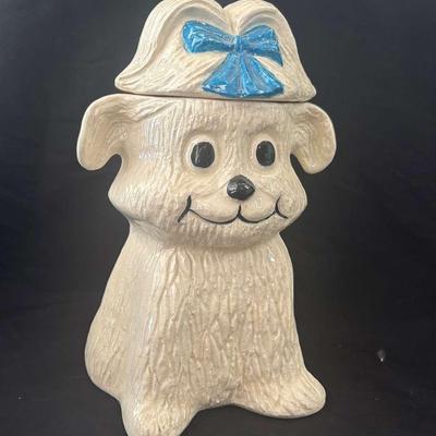 White Puppy Dog With Blue Bow Ceramic Cookie Jar