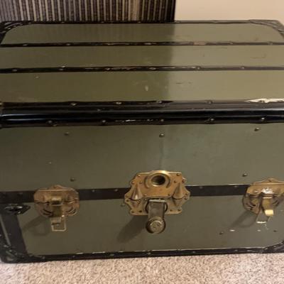 Antique Green & Black Metal Steamer Trunk