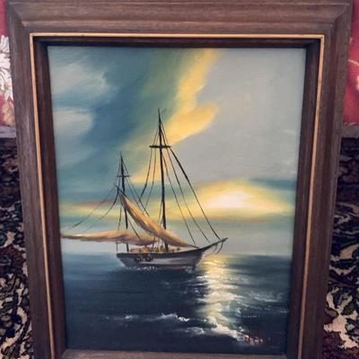 Wood-Framed Signed Sail Boat Original Canvas Painting