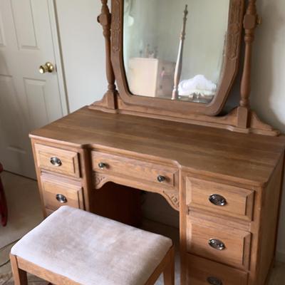 Vintage Wooden Vanity Table W/ Attached Mirror