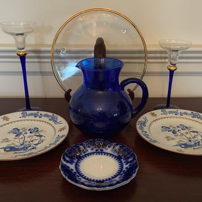White Blue & Gold Glass and Porcelain Decor
