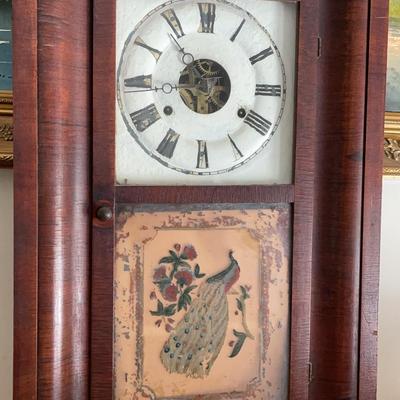 Antique Reverse Painted Peacock Panel Clock