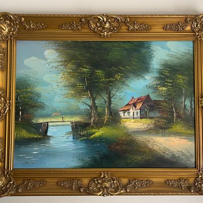 Gold-Framed Signed Lakeside Painting