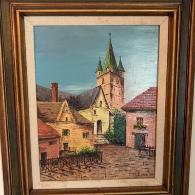 Wood-Framed Signed Town Scene Canvas Painting