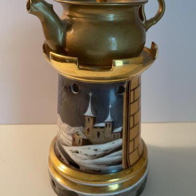 Antique Tea Pot Painted Church Scene