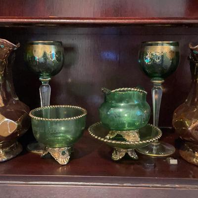Pair of Copper Glaze Ceramic Pitchers & Antique Green/Gold Glassware
