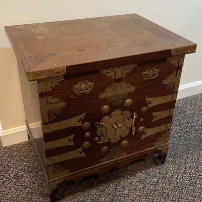 Ornate Wood Bedside Table with Inlayed Coins