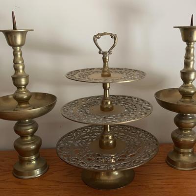 Tiered Brass Server & Two Candleholders