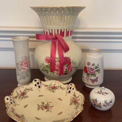 Collection of Floral Porcelain Vases & Tray