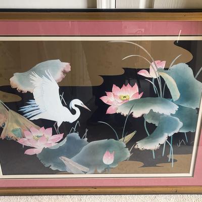Wood-Framed Egret & Lotus-Themed Print
