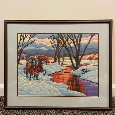 Framed Crewel Work Winter Scene
